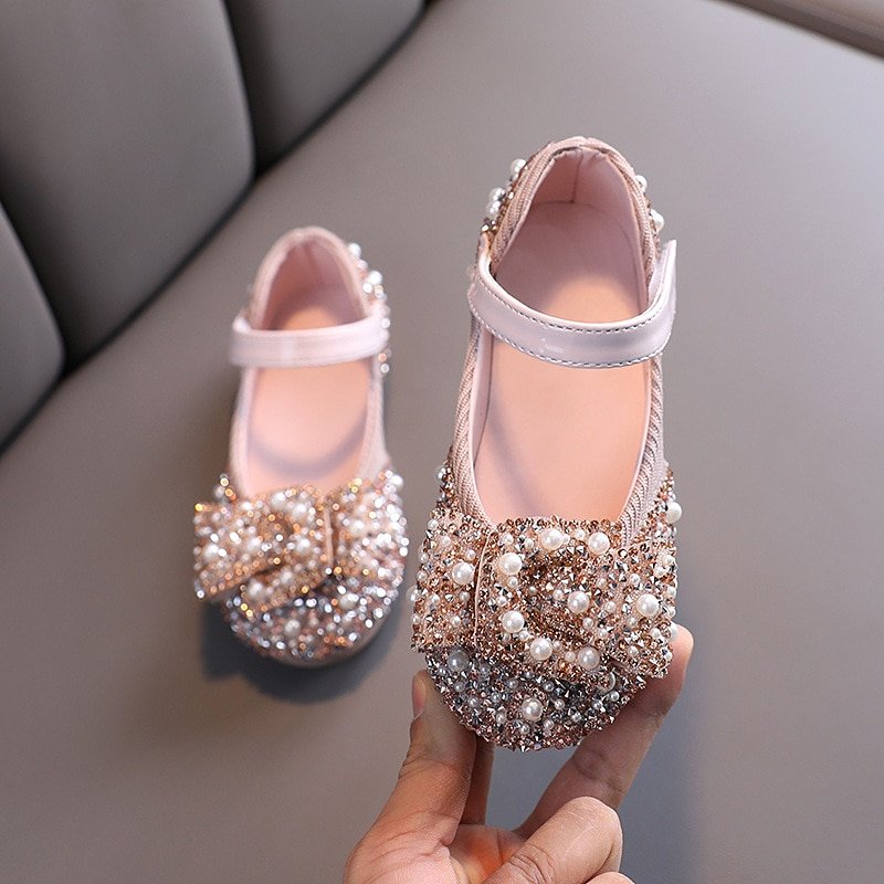 Girls Pearl Rhinestones Decorated Shining Shoes